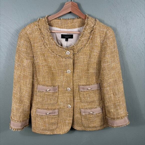 Talbots Women Size 10 Gold Fringe Tweed Pocket Cropped Metal Crest Button Blazer - Picture 8 of 10